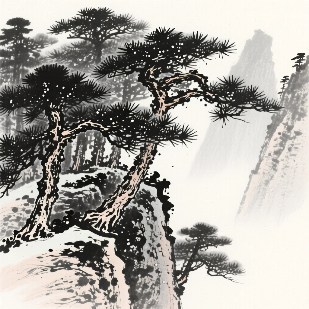an ancient pine forest clinging to a mountainside, with morning dew clinging to every leaf.