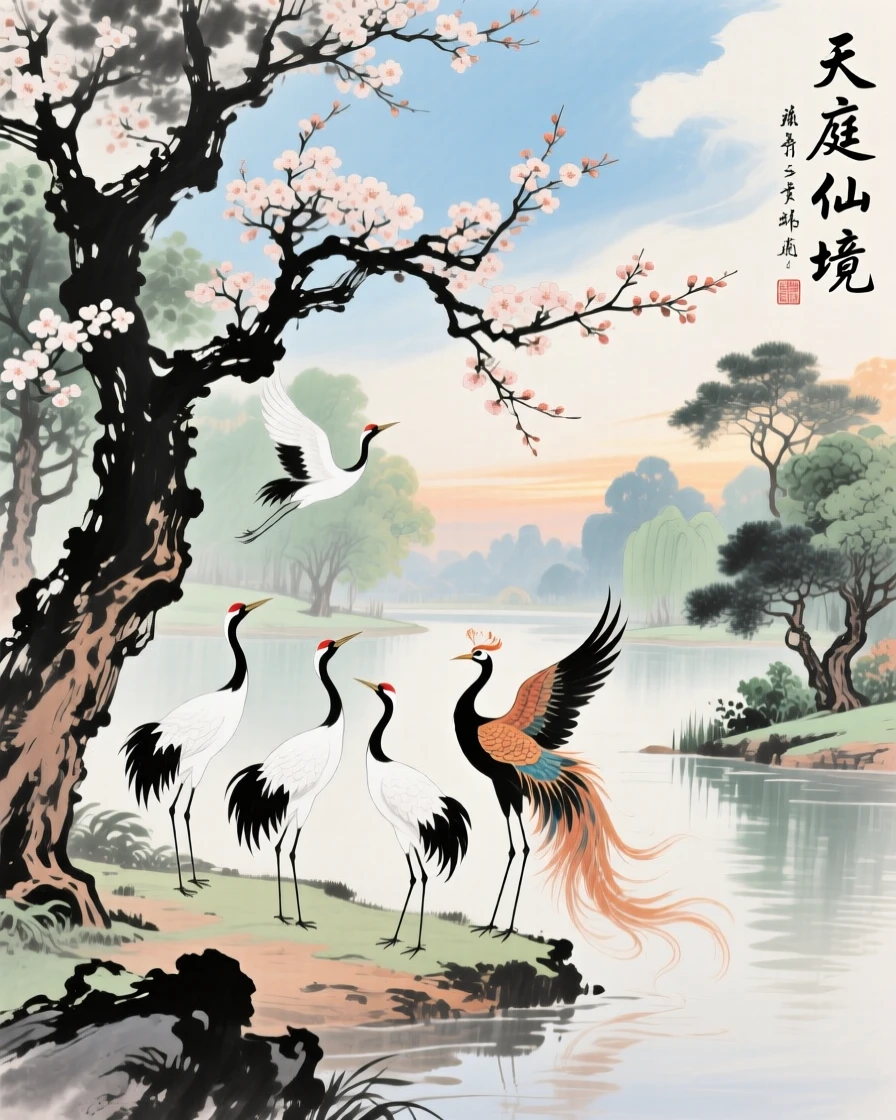 A heavenly garden where cranes and phoenixes gather beneath blossoming trees, in the soft light of late afternoon.