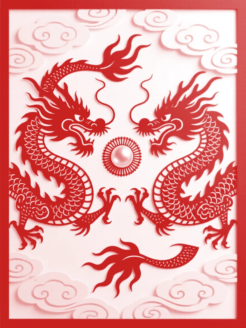 A symmetrical panel of twin dragons chasing a pearl through a field of stylized clouds