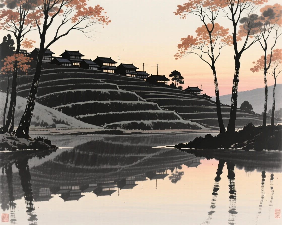 A terraced hillside town at dusk framed by tall autumn trees, seen from across still water, reflected on the surface, capturing a serene blend of nature and human presence.