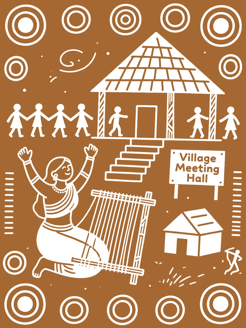 A weaver at her loom celebrating the completion of a new hut on the steps of a village meeting hall.