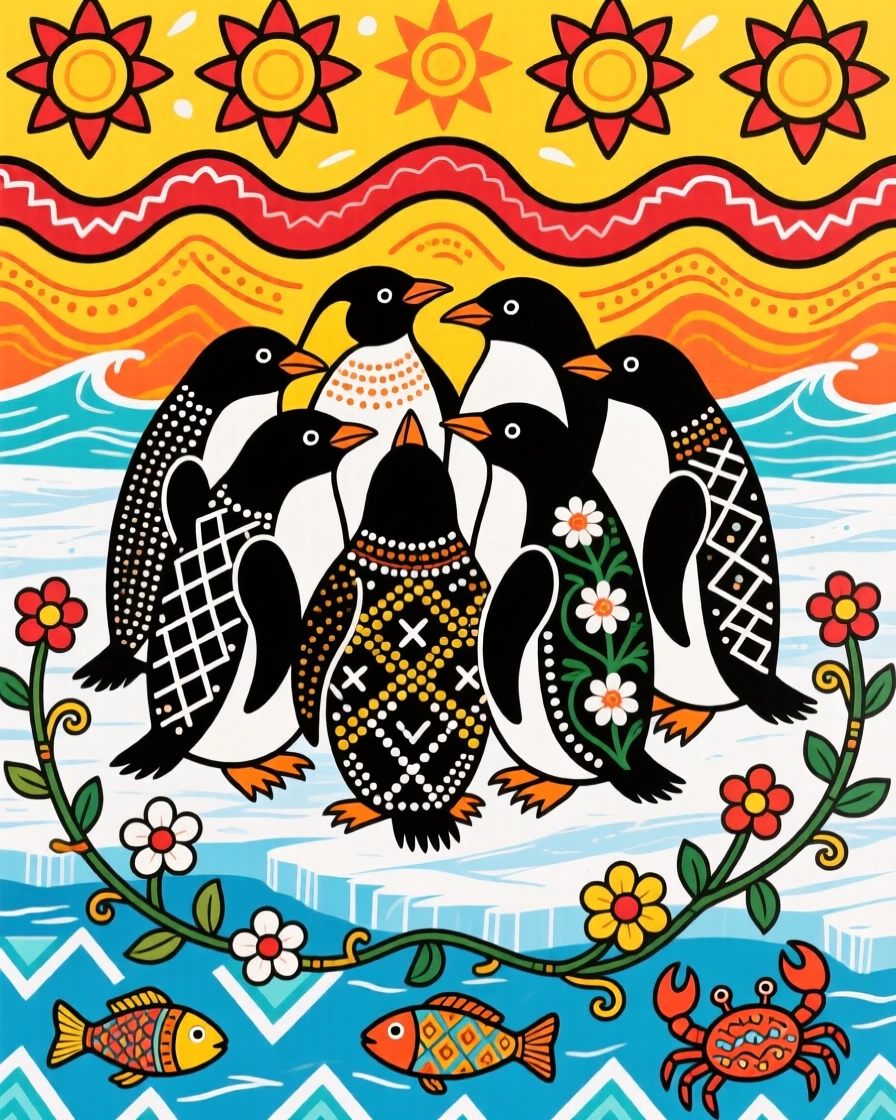 Penguins huddled together against the wind on an icy shore.