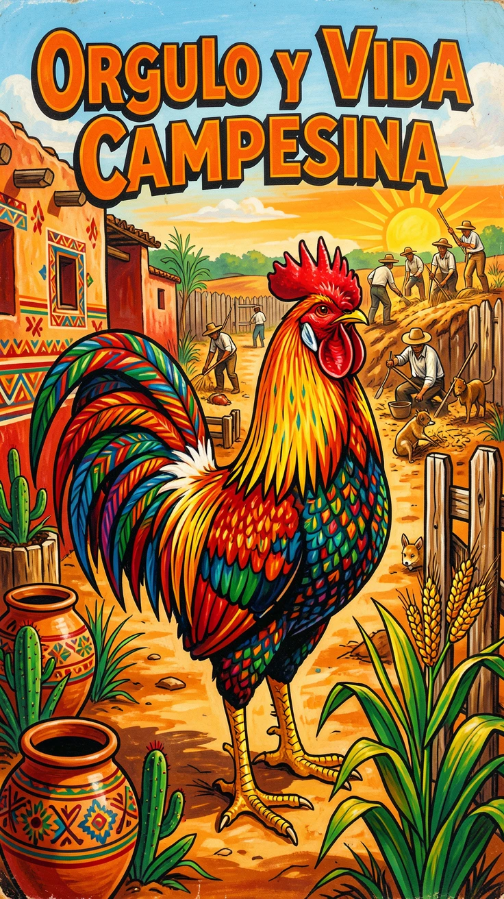 A colorful rooster standing in a rustic farmyard