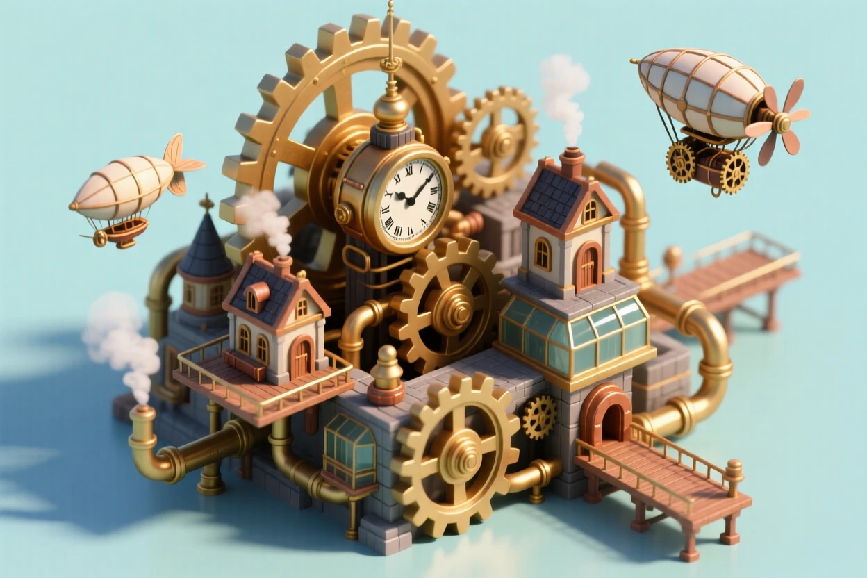 A steampunk clockwork city built into the gears of an enormous exposed mechanism, with brass pipes venting steam and airships docked at rooftop platforms.