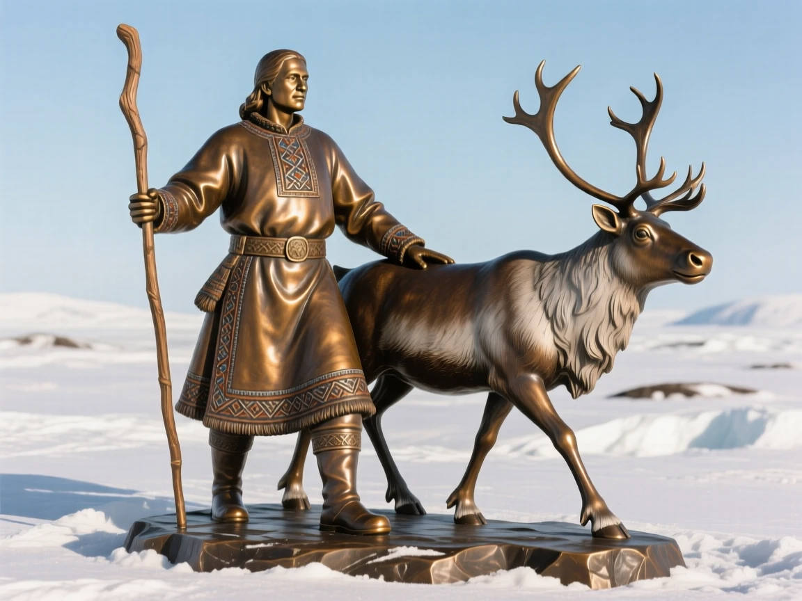 A sami reindeer herder crossing a snowy arctic plain, in a moment of quiet triumph, forming a strong central focal point