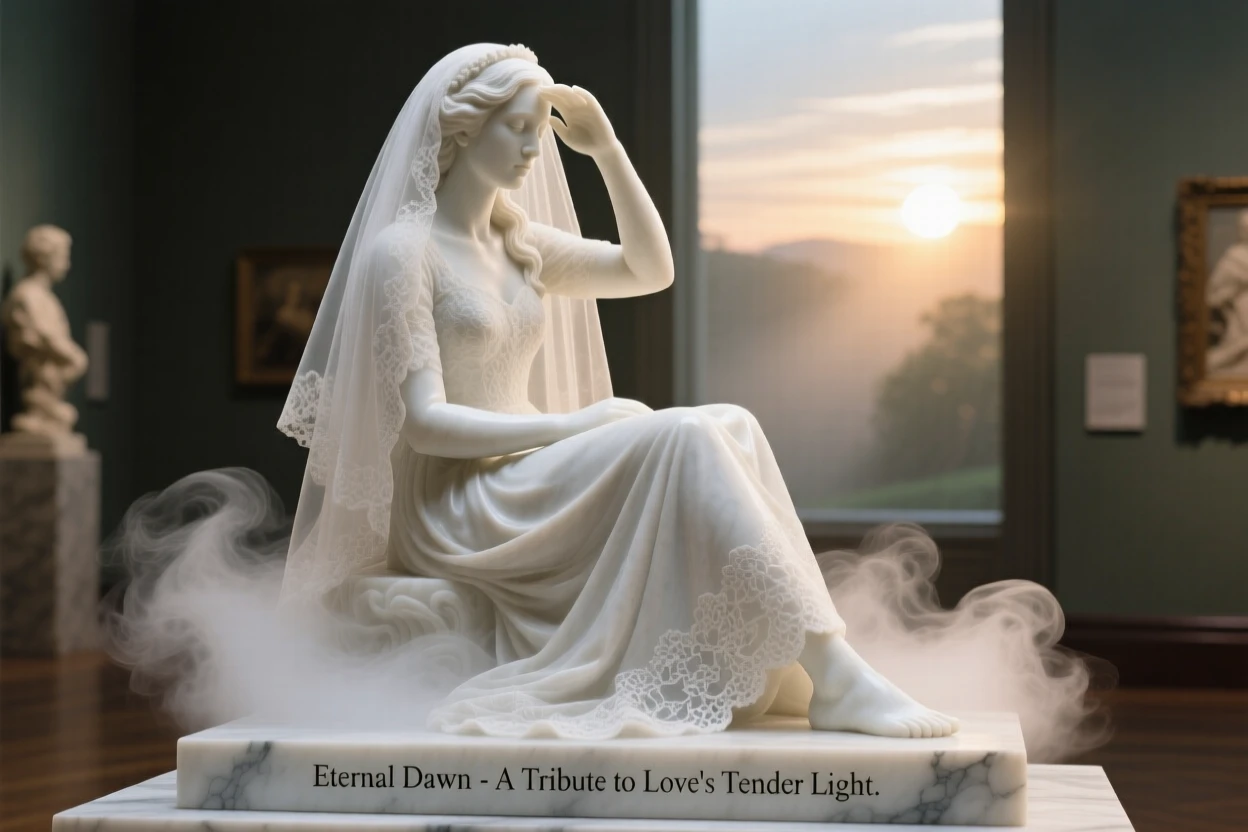 A tender portrait of a bride on her wedding day, shielding their eyes from the sun, amid swirling fog at dawn, evoking warmth and humanity