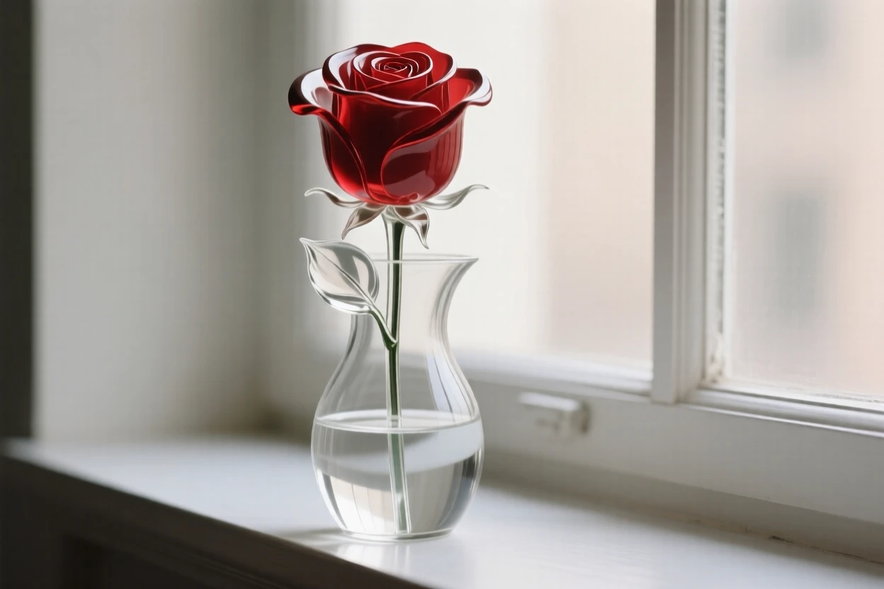 A single red rose in full bloom arranged in an elegant vase on a windowsill, soft diffused light streaming in, creating a tranquil still-life mood.