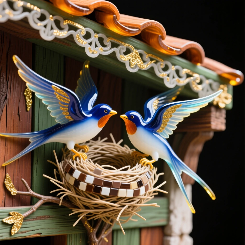 A pair of swallows building a nest under a rustic barn eave, industrious and homely.