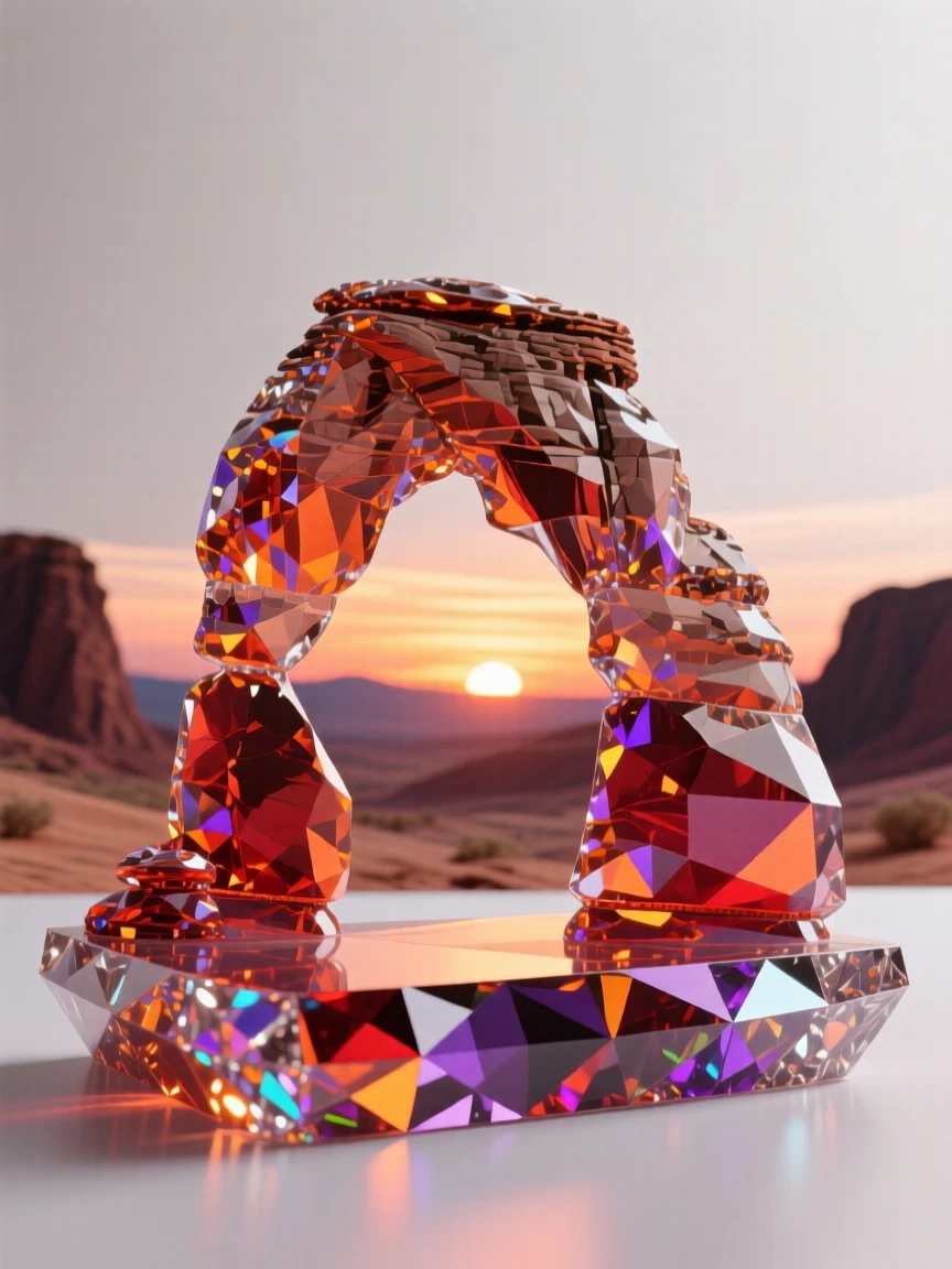 A glowing sunset behind a dramatic rock arch on a desert plateau.