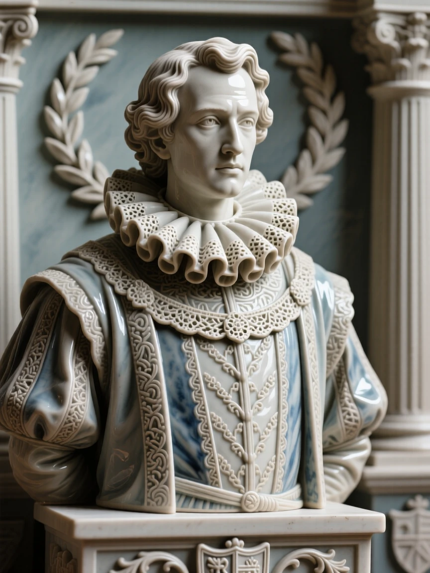 A Renaissance nobleman in an ornate collar captured mid-ceremony with solemn dignity, surrounded by symbols of ancient heritage, conveying quiet authority and enduring legacy.