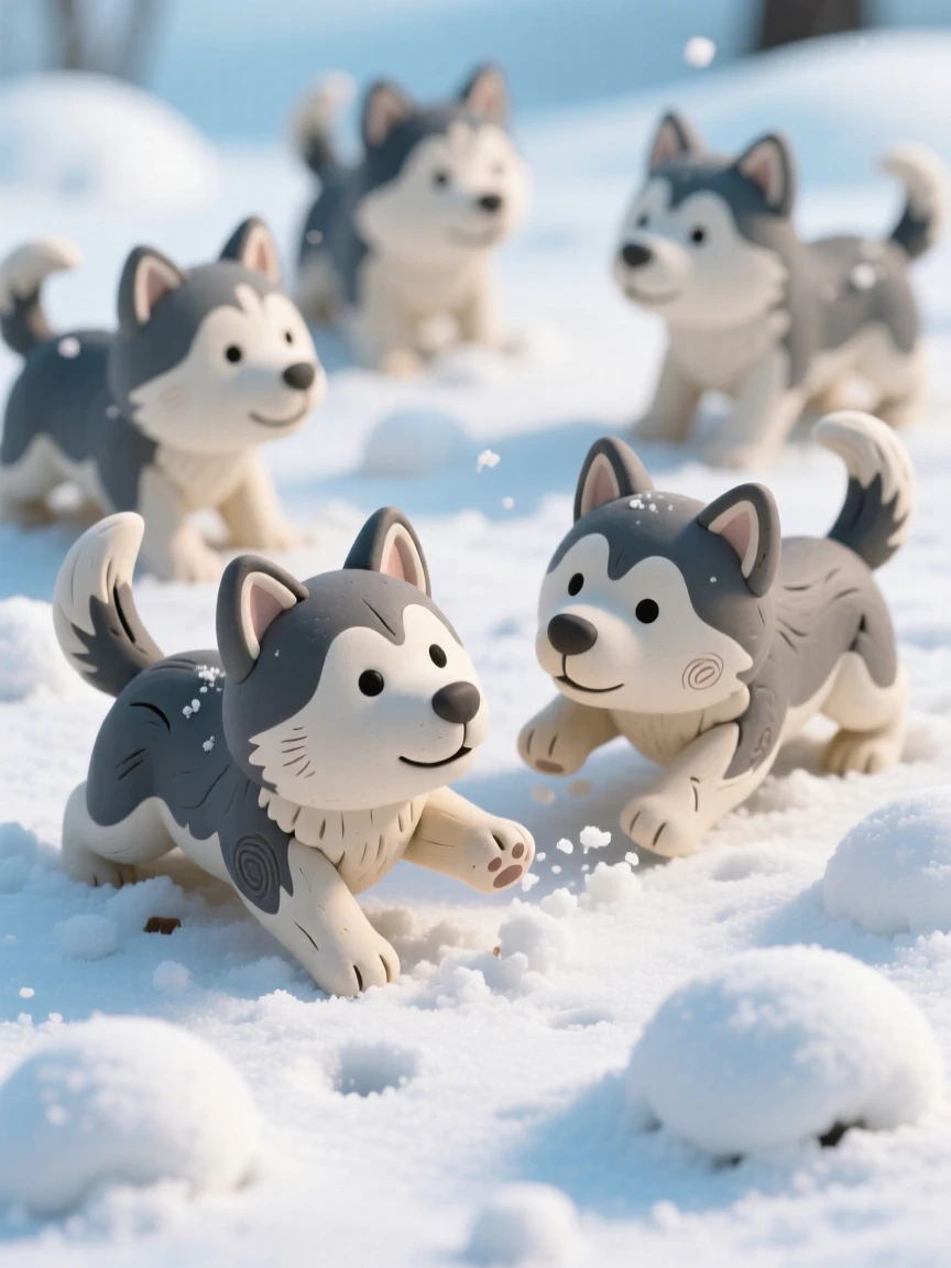 A litter of husky puppies playing in freshly fallen snow