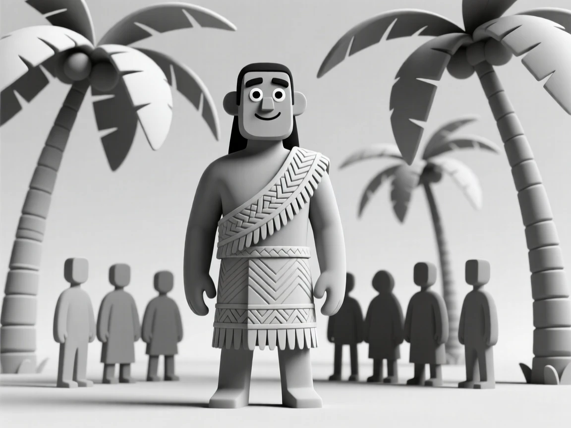 A proud Samoan chief wears an intricately woven ceremonial mat, standing before a gathering beneath swaying palm trees.
