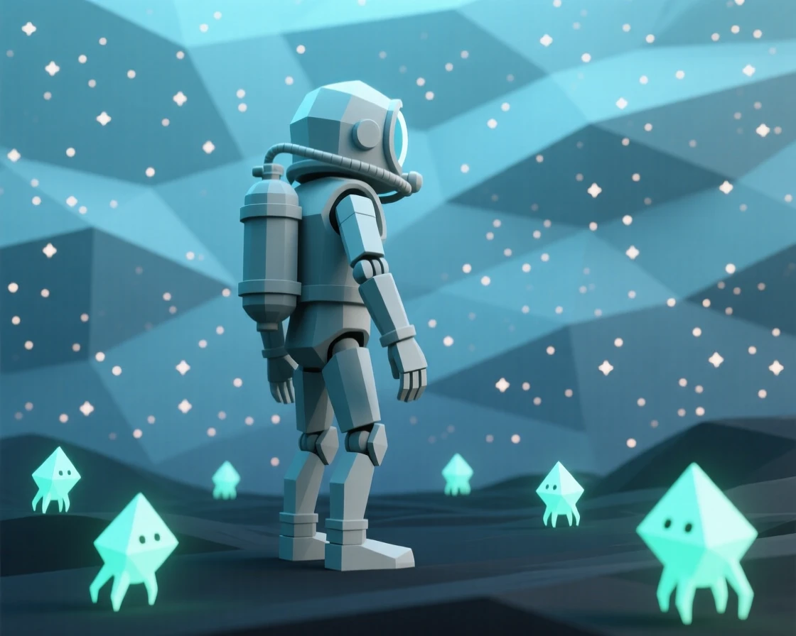 A deep-sea diver illuminated by bioluminescent creatures, beneath a sky filled with countless stars. fine particle detail adds texture to the vast space. A gentle, surreal beauty fills the composition.
