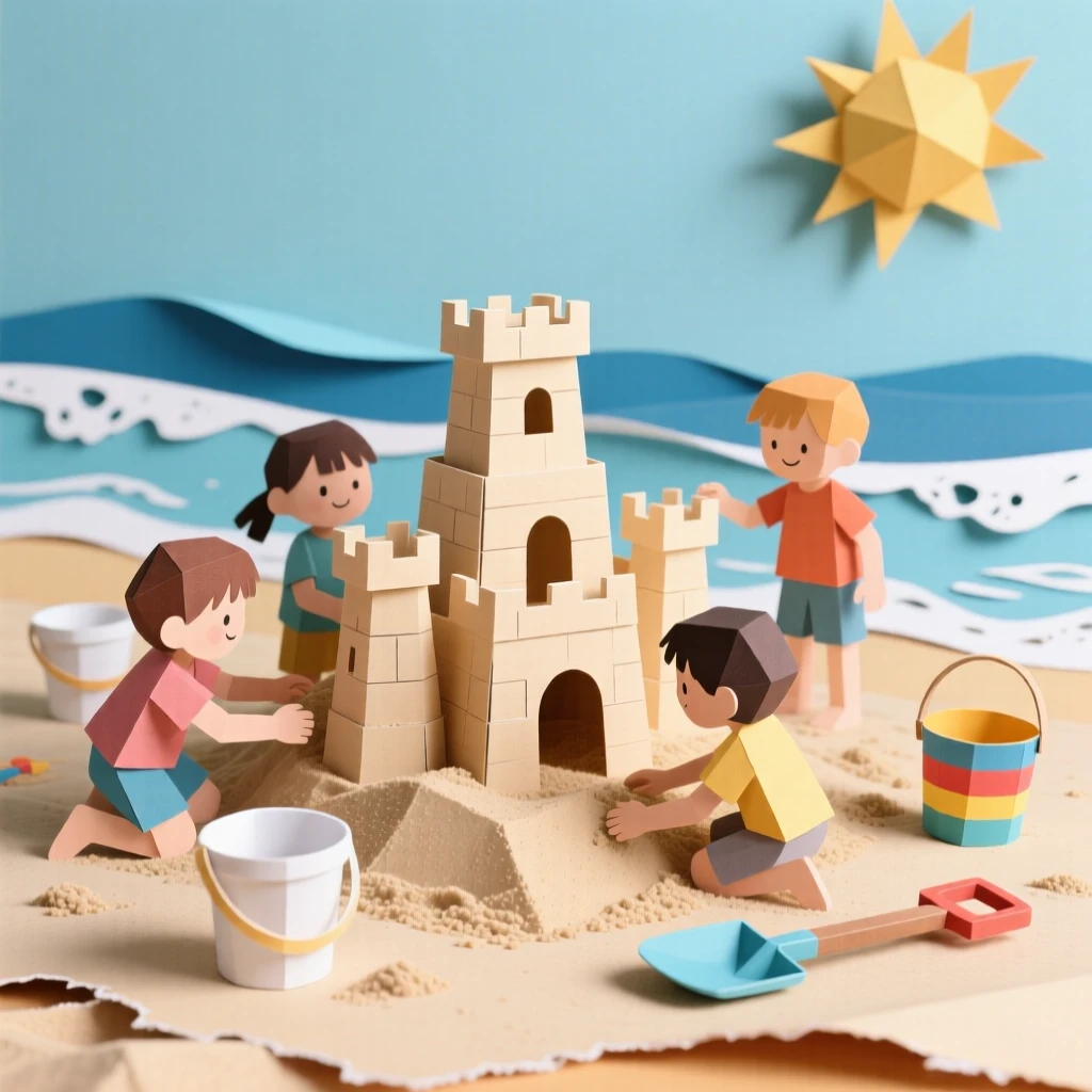 A group of children building a sandcastle on a sunny beach, buckets and shovels scattered around them, gentle waves lapping nearby, capturing carefree summer fun.