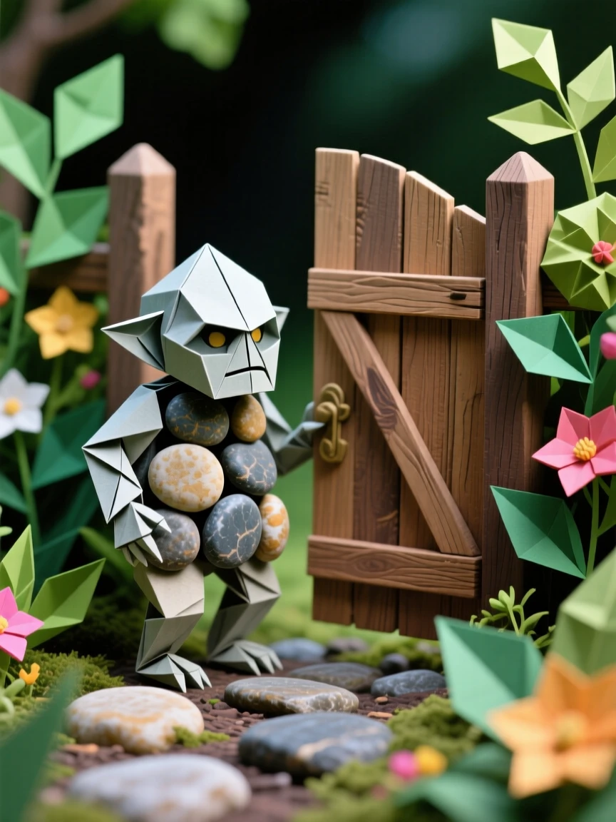 A tiny golem made of smooth river stones standing guard beside a garden gate.