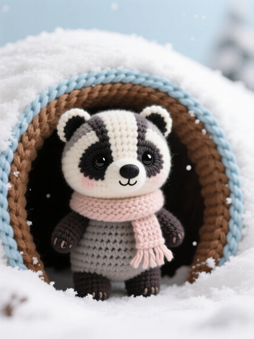 a small baby badger with a striped face and stocky body is shown poking its head out of a burrow entrance within a snowy hillside under a pale winter sky, accompanied by a tiny knitted scarf around its neck, capturing quiet contentment and gentle curiosity.