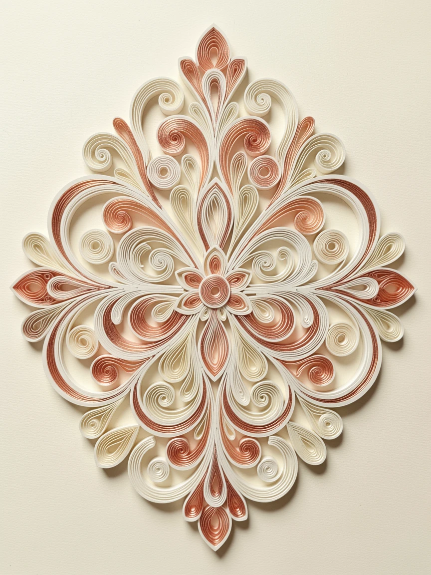 a formal damask-inspired medallion pattern, set on a warm ivory background, composed with a strong central focal point, accented with delicate touches of rose gold.