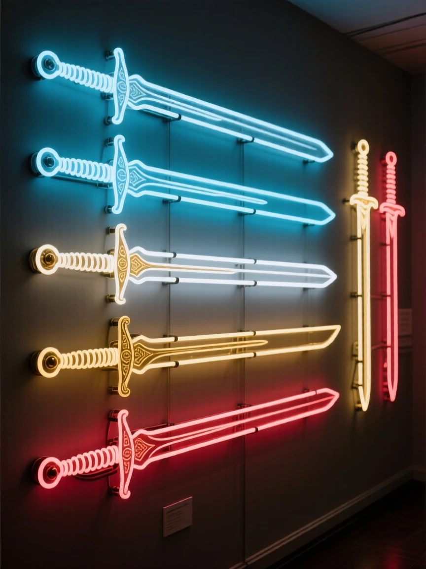 A display of ceremonial swords mounted along a wall.