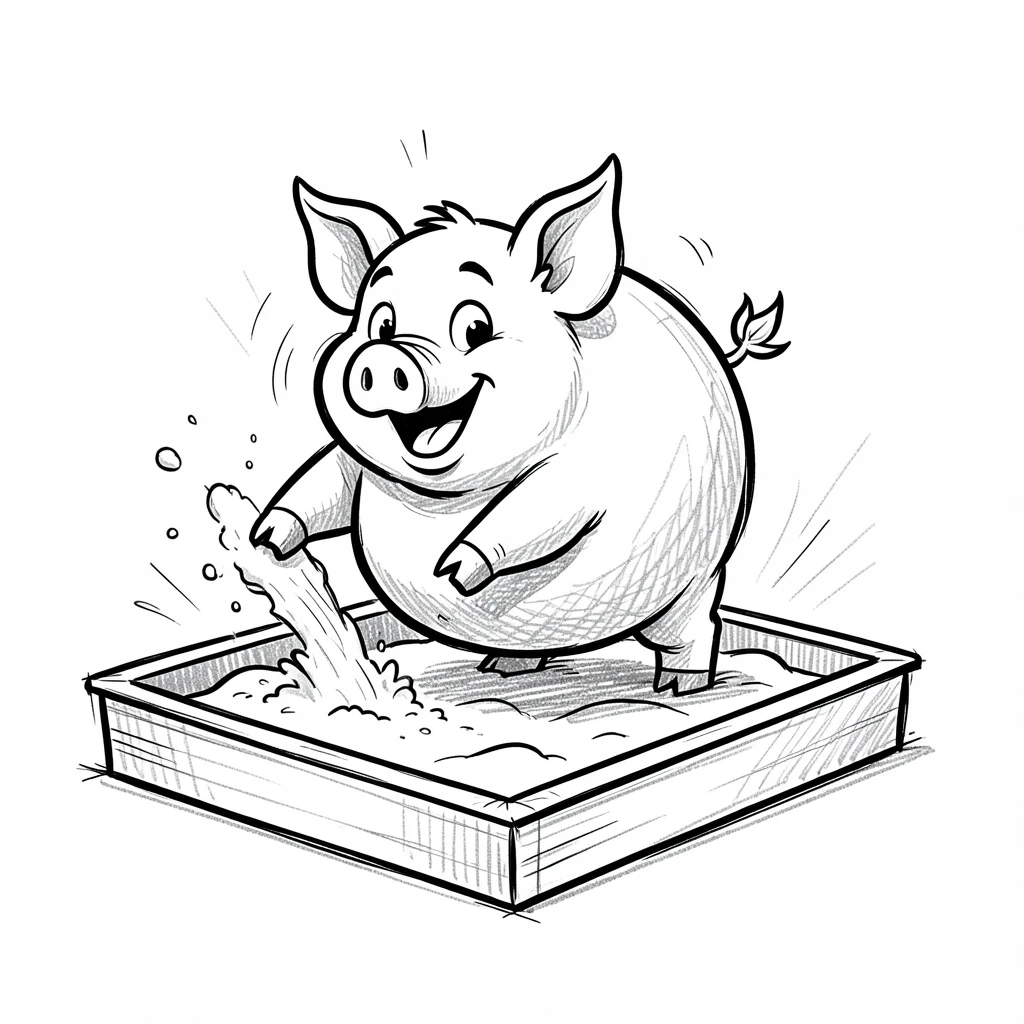 A pot-bellied pig digging happily in a sandbox.