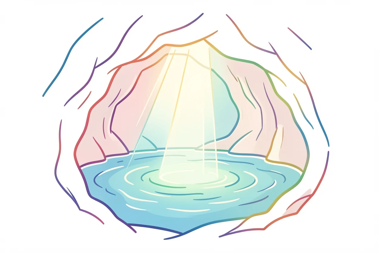 A hidden cave opening revealing a glowing underground lake lit by shafts of light.