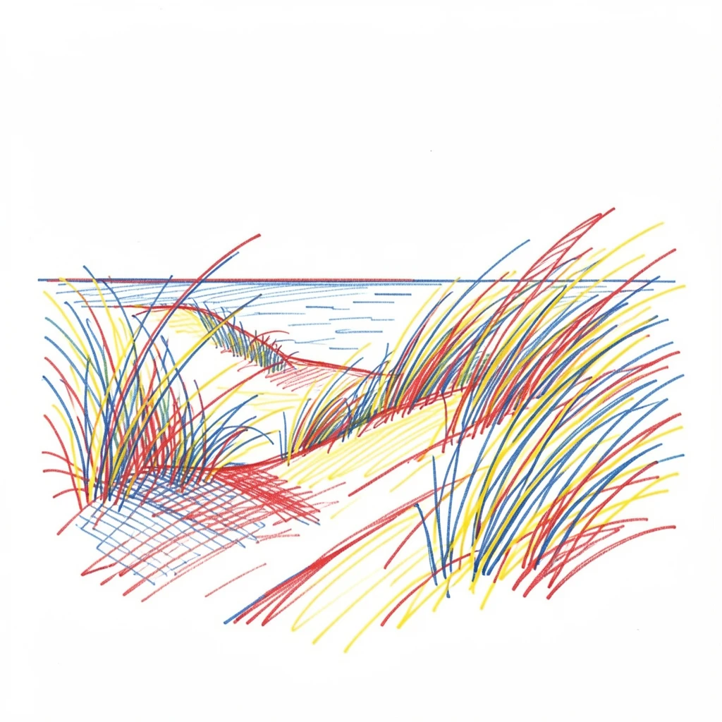 A coastal dune landscape with wild grasses bending in strong ocean wind