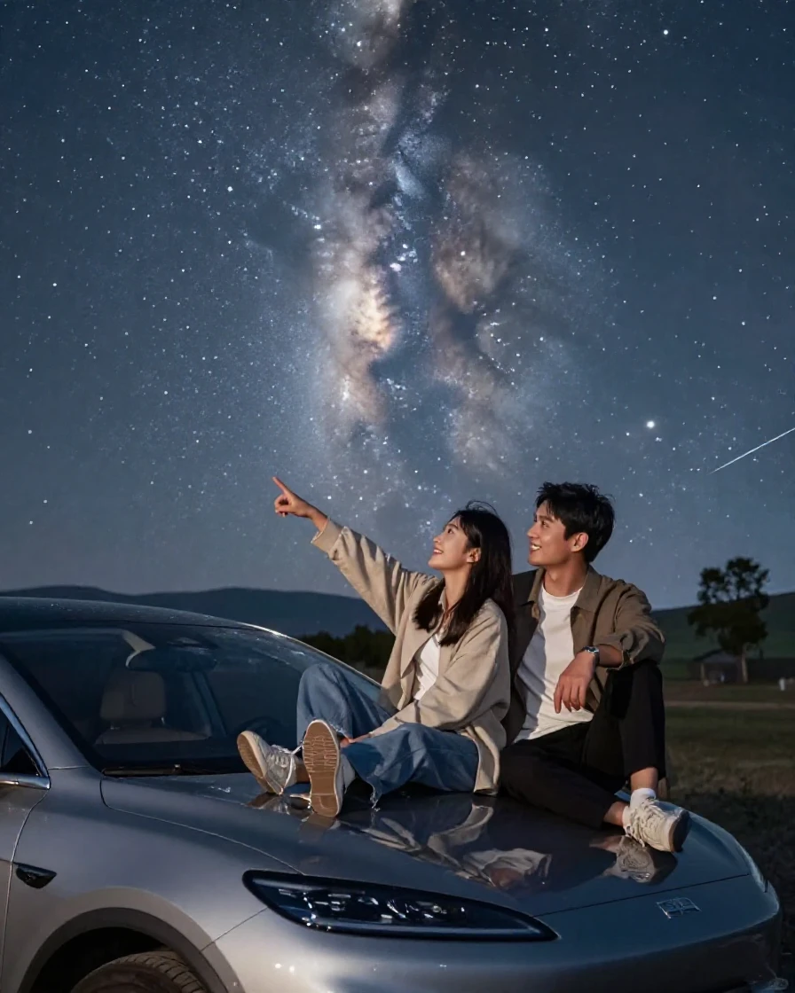 A couple stargazing from the hood of their car