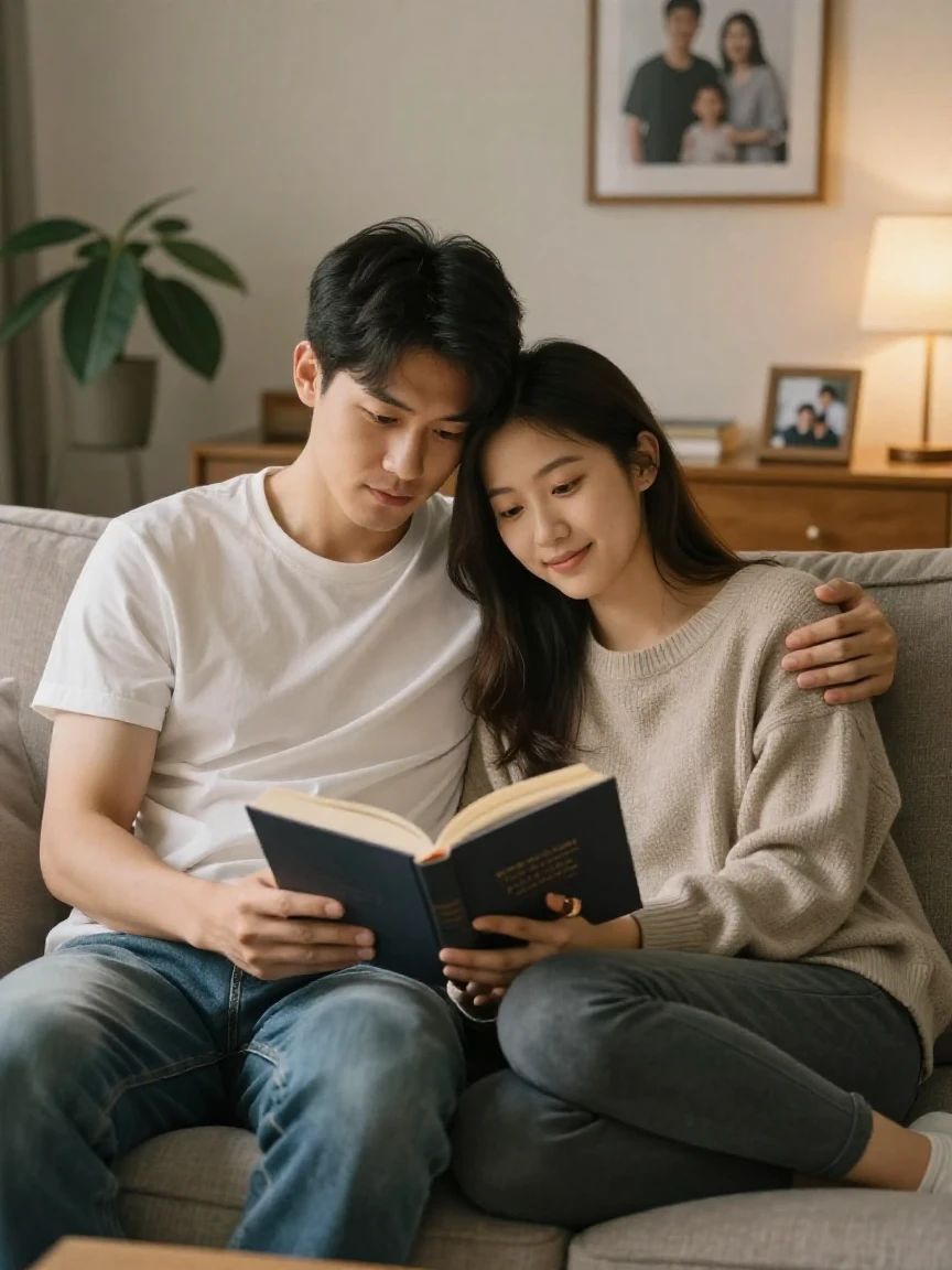 A young couple reads the same book together, heads resting on each other's shoulders.