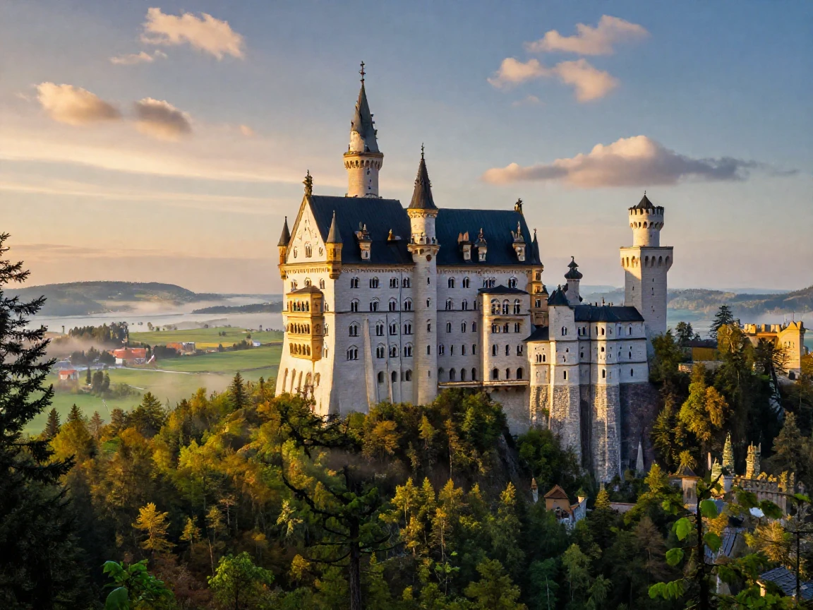 Neuschwanstein Castle rising from a forested hillside like a fairytale illustration