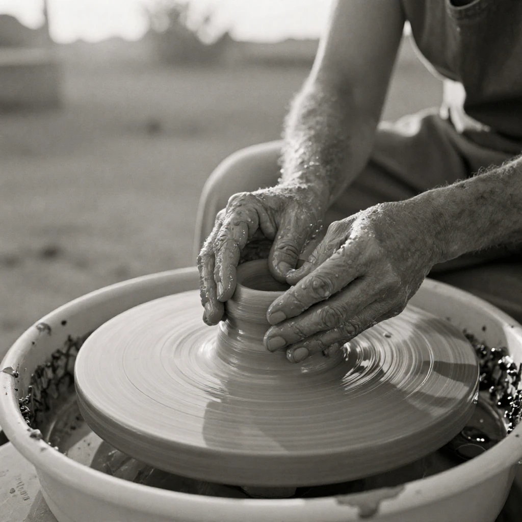 A potter shaping wet clay on a spinning wheel, under soft golden-hour light, as heat shimmers over the ground, during the long days of summer, with stark black-and-white contrast softened by a single warm hue, in a tight close-up.