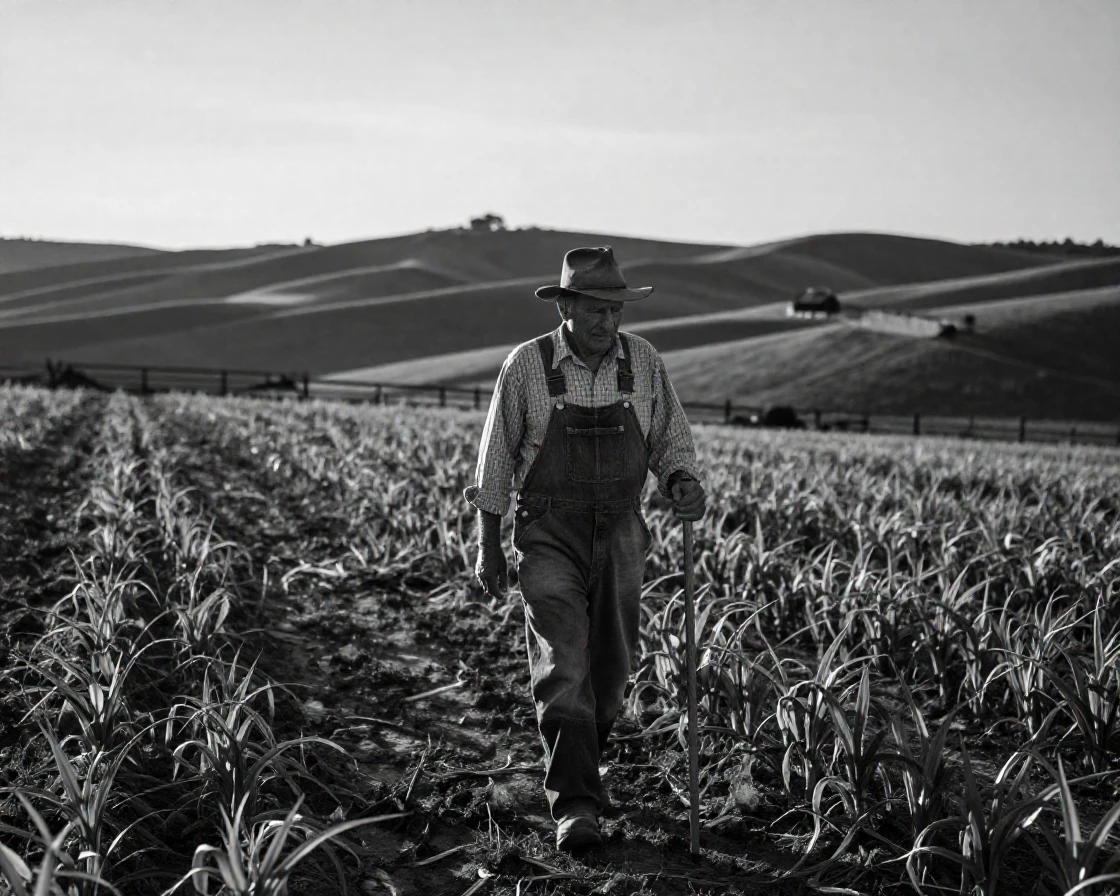 A retired farmer walks his fields at sunset across rolling countryside.
