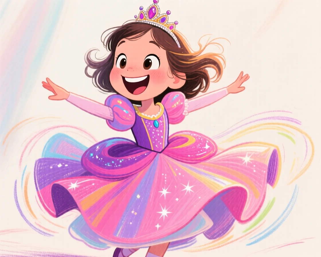 A little girl twirling in a princess dress, tiara slightly crooked, arms outstretched.