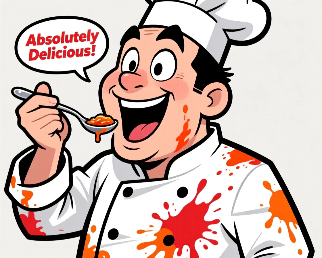 A larger-than-life portrait of a celebrated chef on television, tasting a dish with theatrical delight and a chef's coat splattered with sauce.