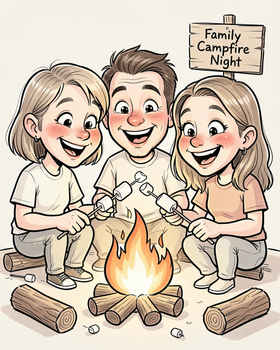 [Family & Relationship Moments] Heartwarming scene of a family roasting marshmallows together around a crackling campfire, radiating love and warmth