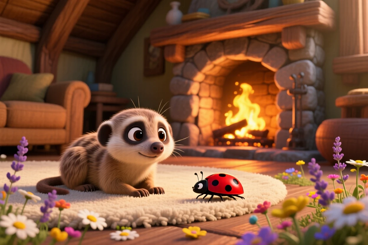 A tiny meerkat pup is curled up beside a crackling fireplace, watching a ladybug crawl by. A quiet, comforting sweetness surrounds the scene, with a scattering of small flowers around it.