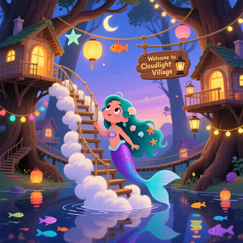 Deep within a treehouse village strung with lanterns, a curious mermaid spends the evening climbing a staircase made of clouds, as reflections shimmer on the still water.