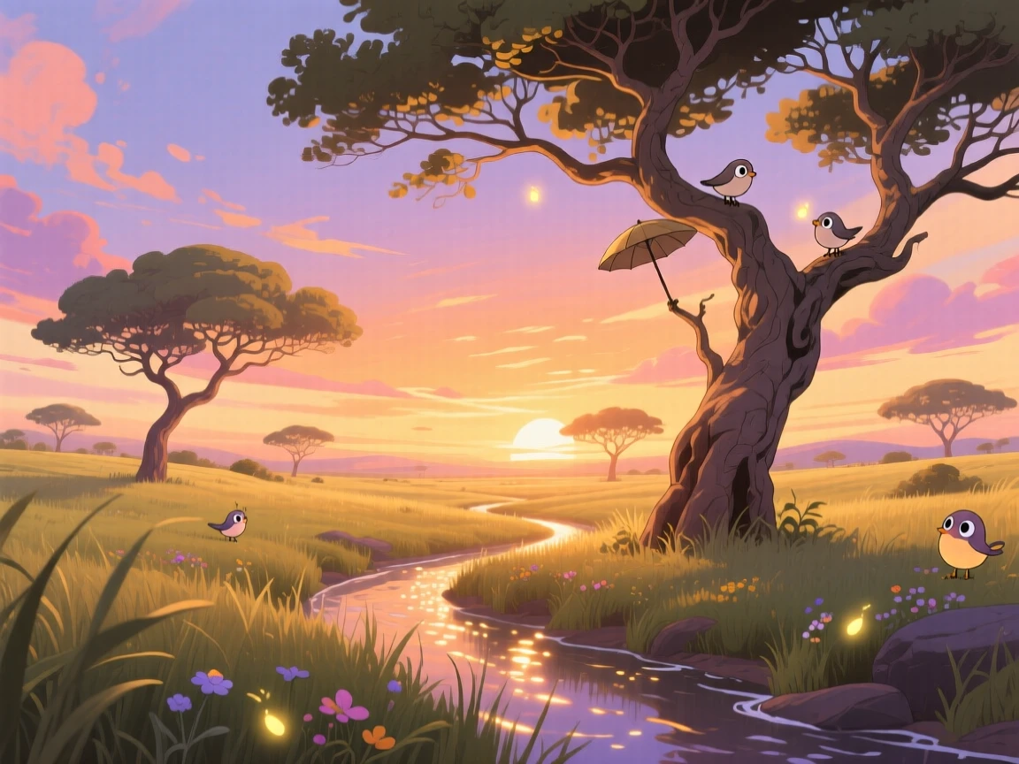 A breathtaking view of a savanna dotted with lone acacia trees, with a narrow stream catching the light as it winds through, at golden hour, captured from a low angle looking up.