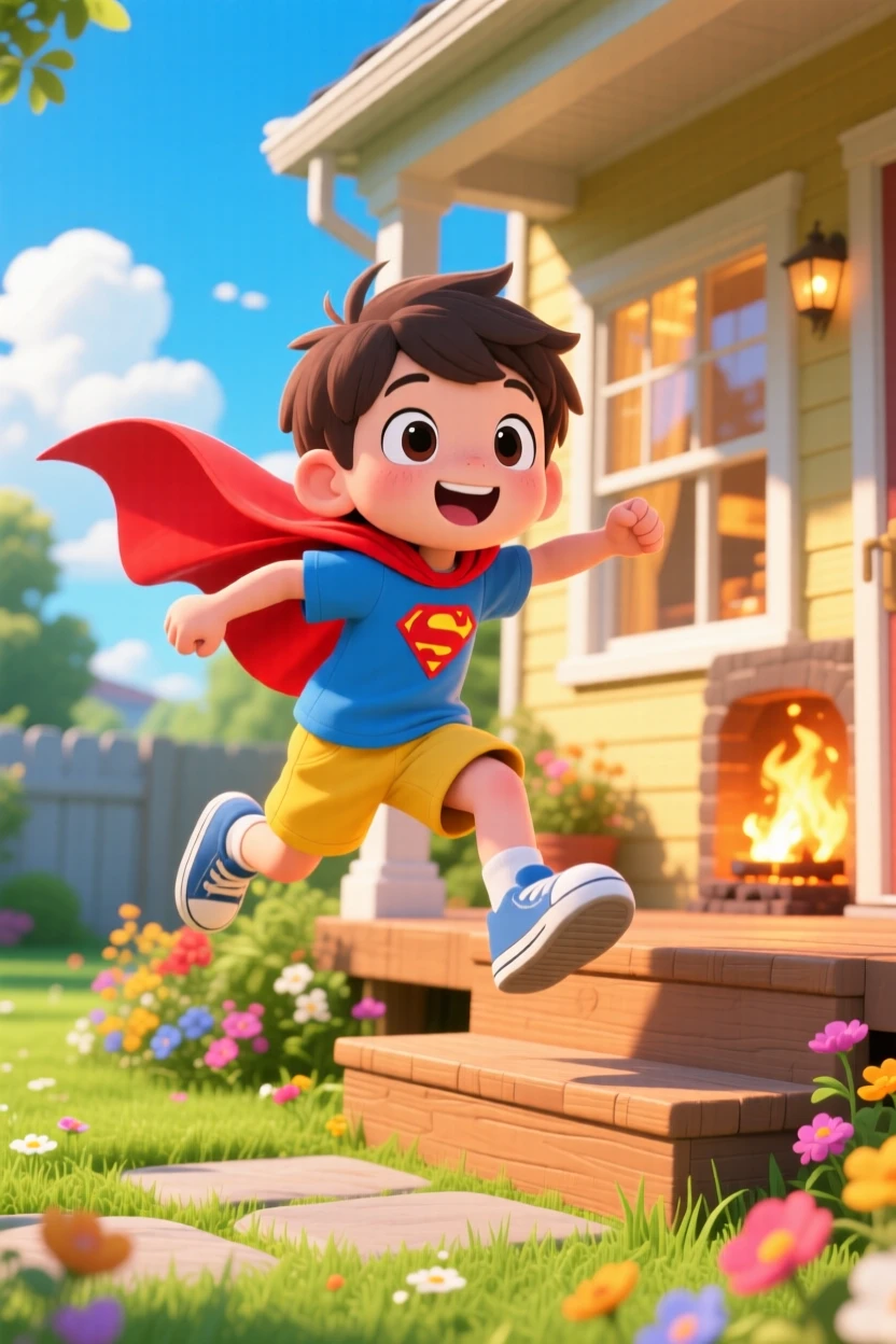 Full-body shot: a young boy in a superhero cape, leaping off a porch step mid-flight pose, set against a sunny front yard beneath fluffy drifting clouds, with cozy firelight and a mood of gentle surprise.
