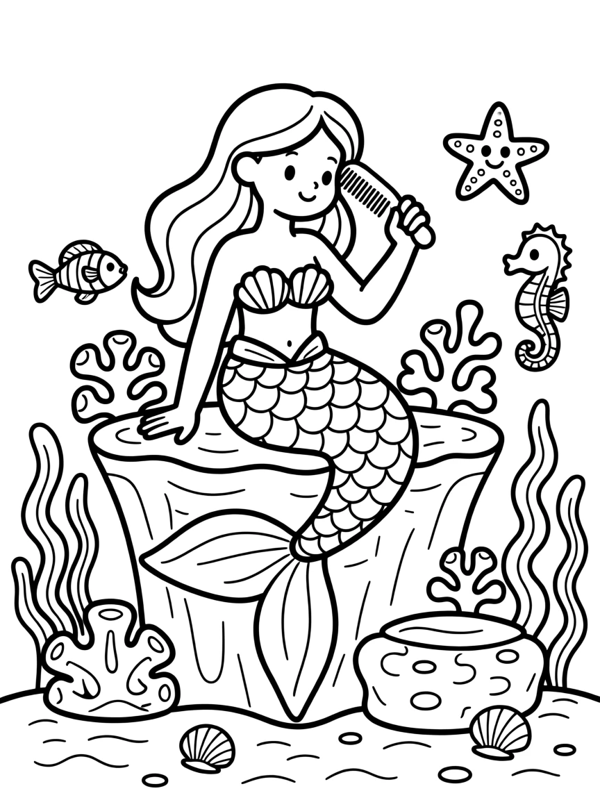A mermaid combing her hair while sitting on a coral reef