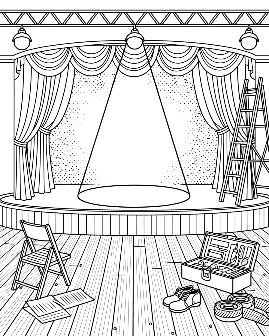 A stage curtain framing an empty spotlighted stage, with tools and supplies scattered nearby.
