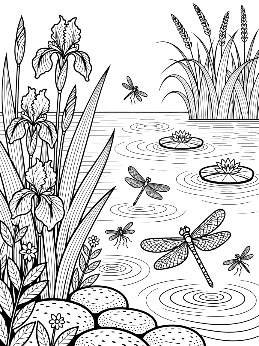 A pond edge lined with iris blooms and dragonflies skimming the surface.