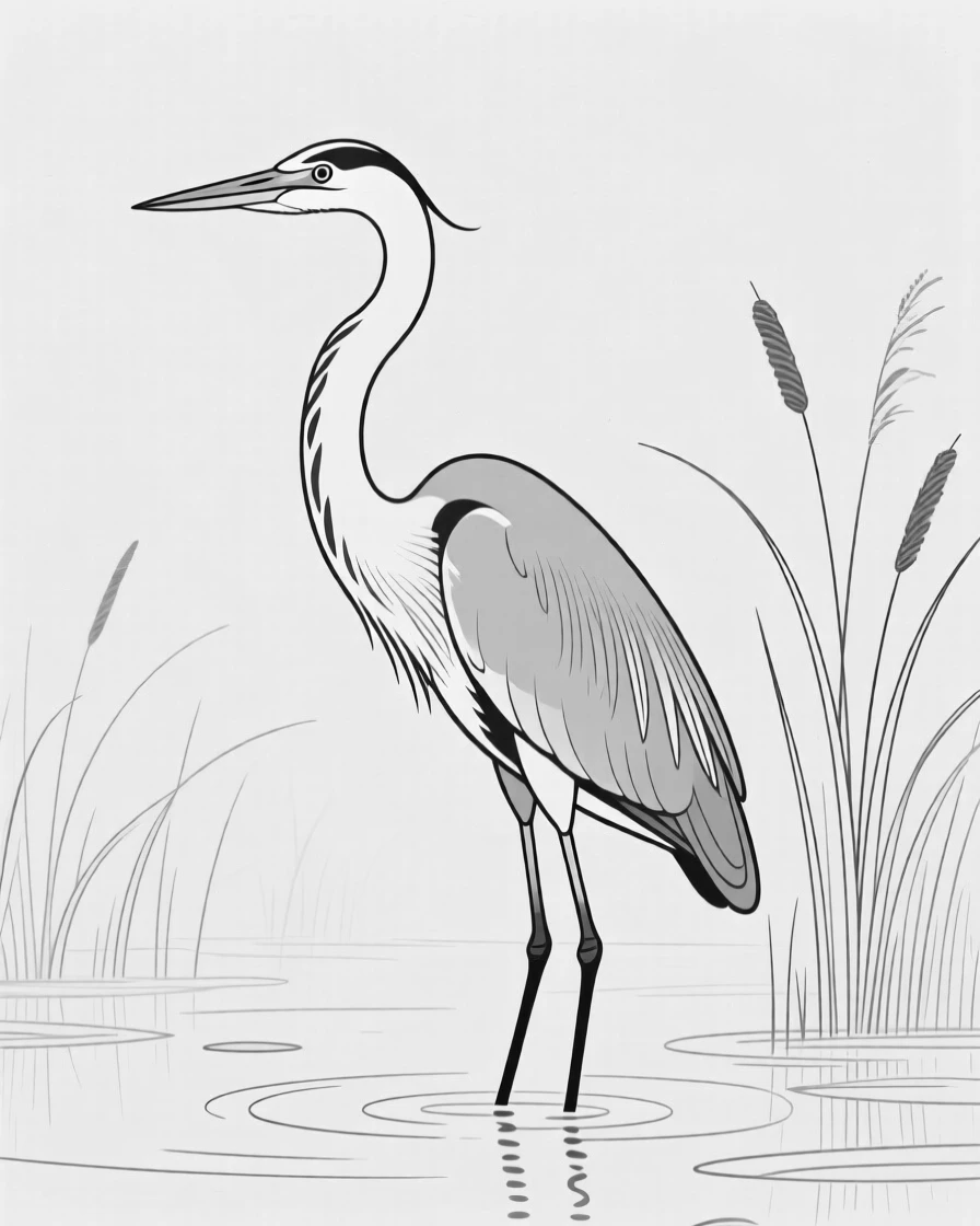 A great blue heron standing still in a marsh