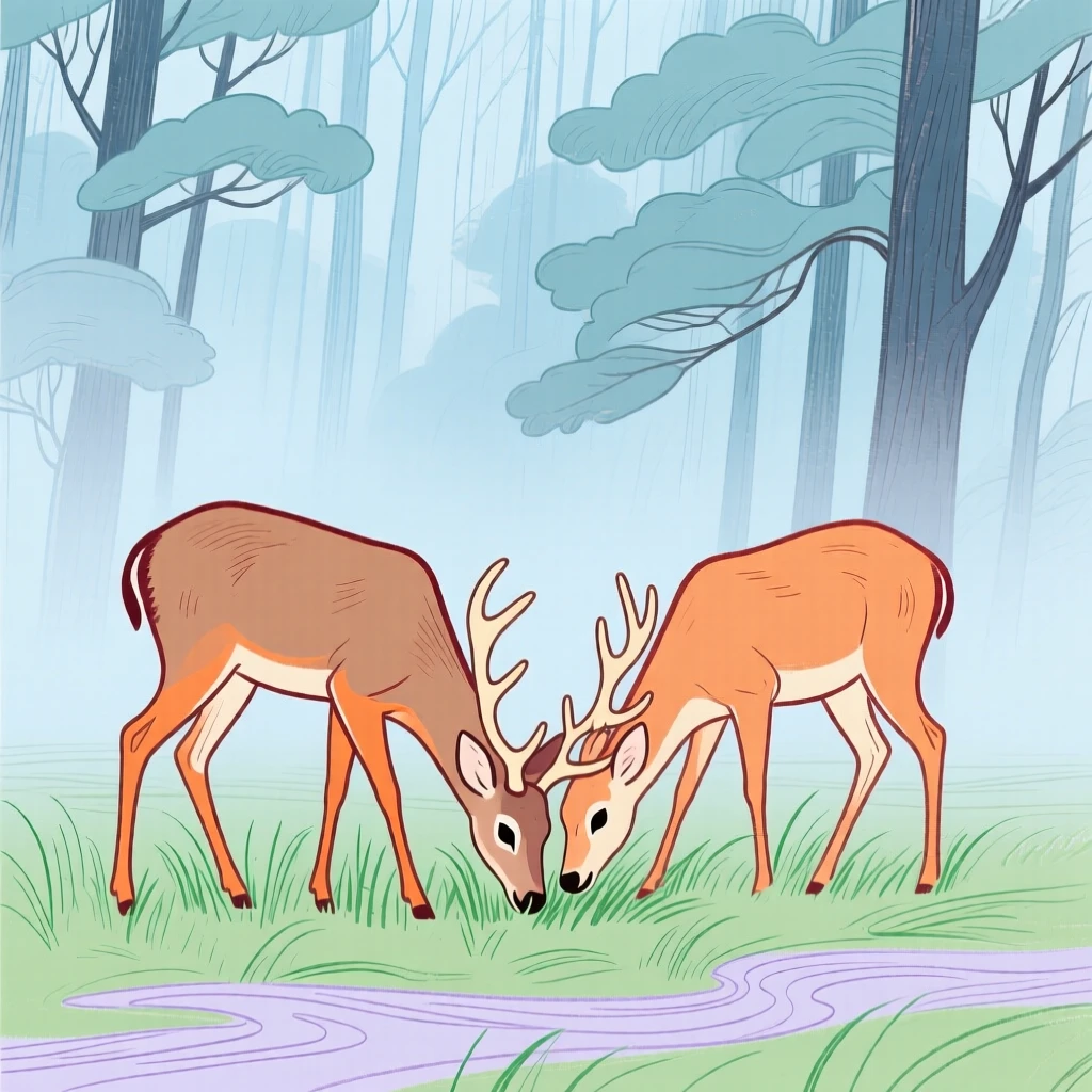 A pair of deer grazing at the edge of a misty forest.