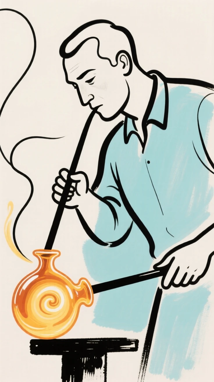 A glassblower shaping molten glass