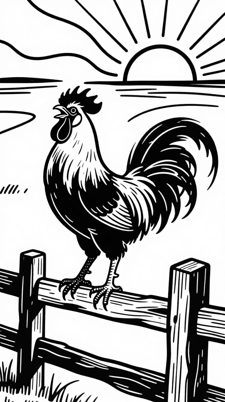 A colorful rooster crowing atop a wooden fence at sunrise.