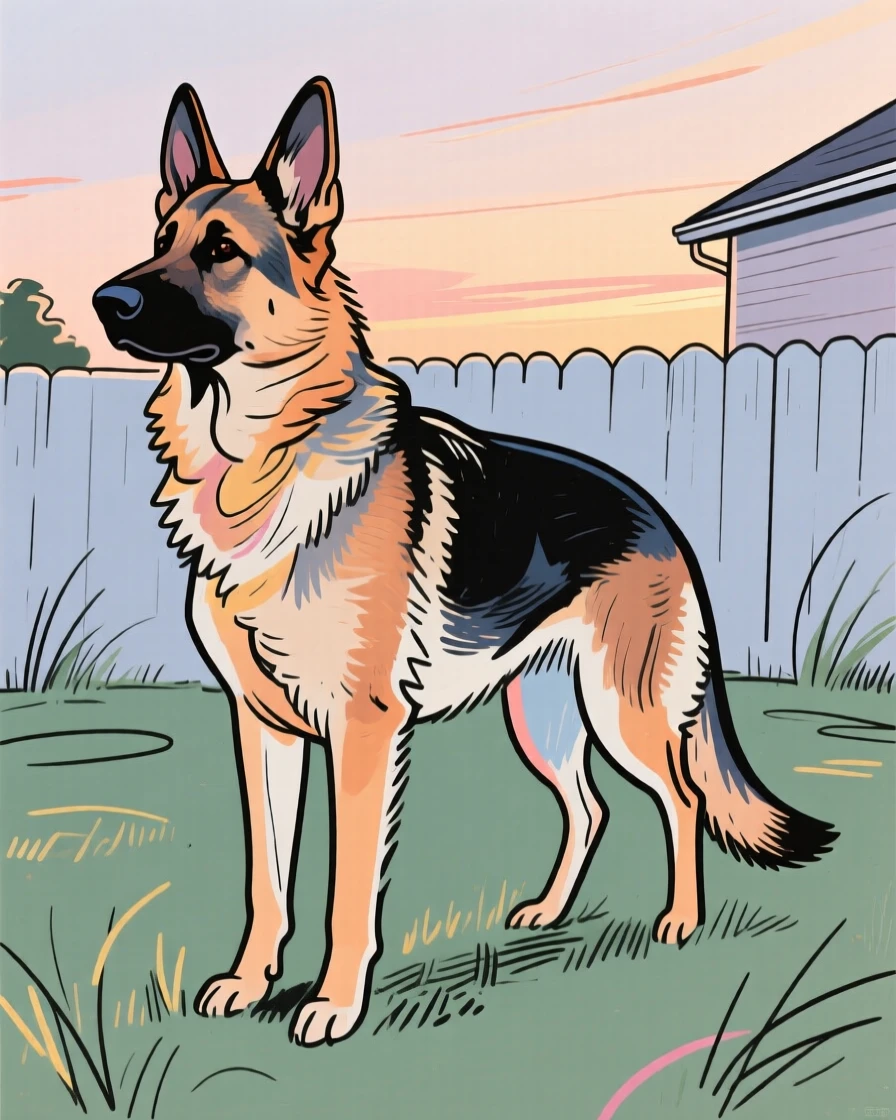 A German shepherd standing alert in a backyard at dusk.