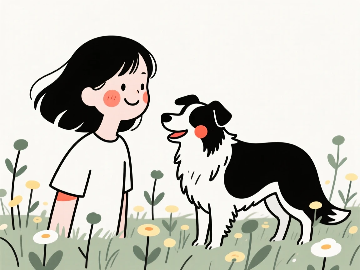 A teenage girl with a spirited border collie, grinning mischievously, in a field of wildflowers.