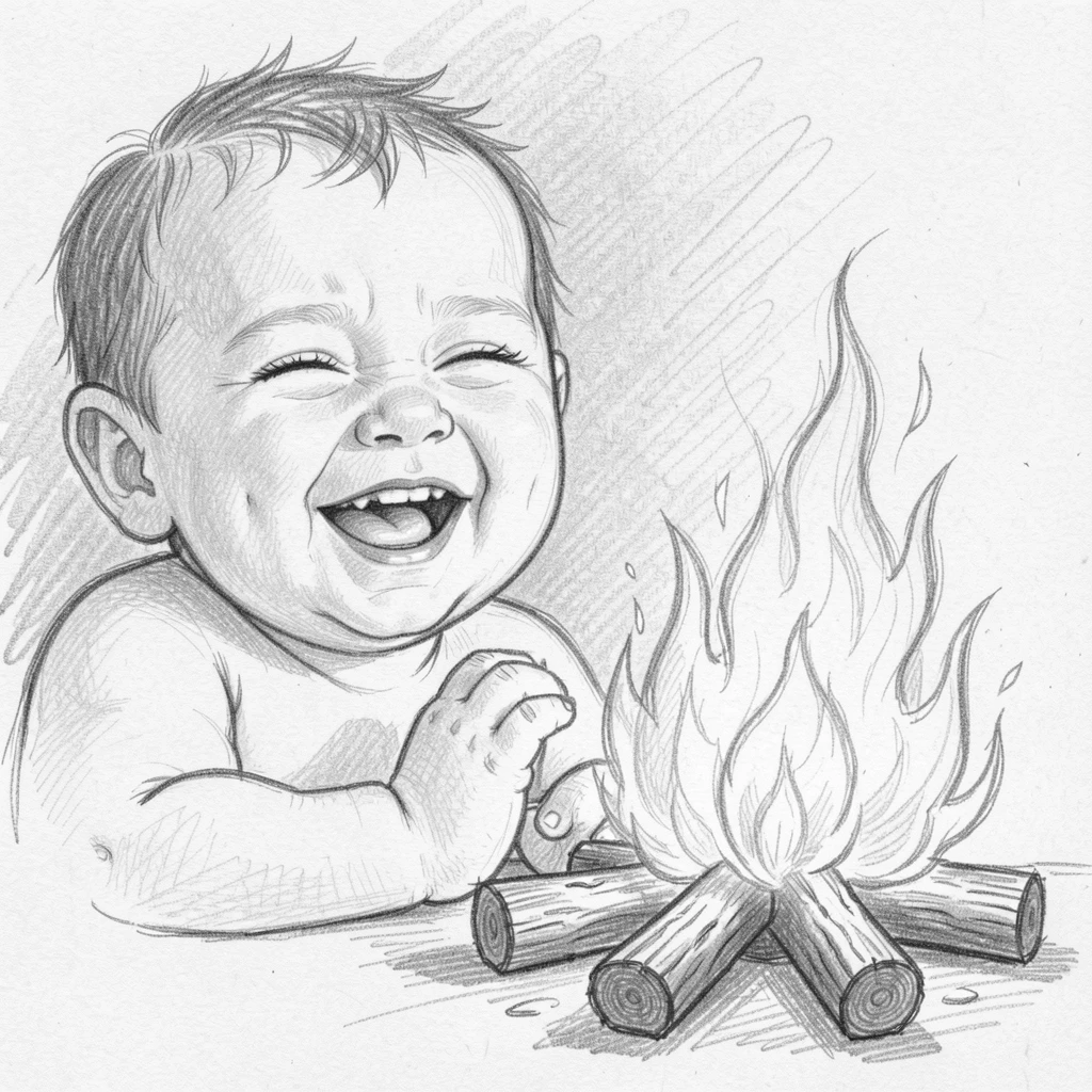 Intimate close-up of a laughing newborn baby beside a crackling campfire, laughing with pure delight.