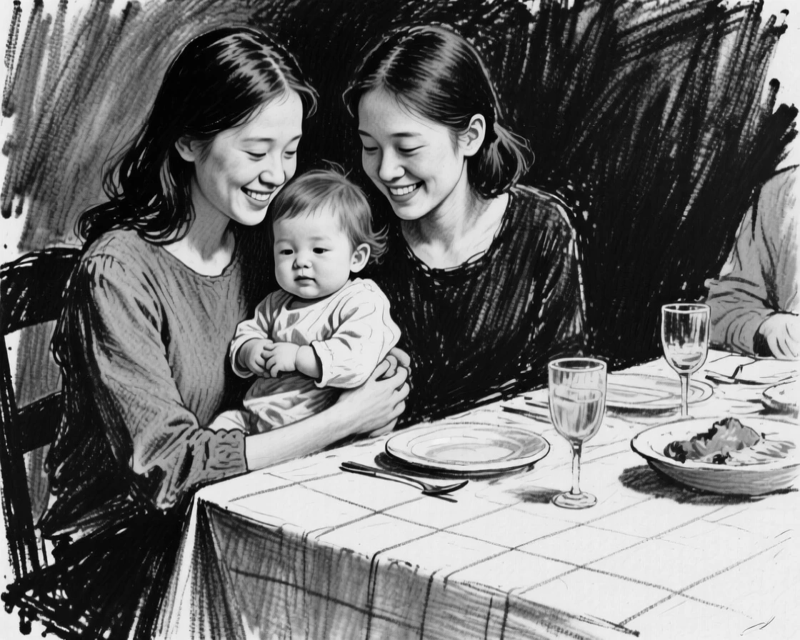 Twin sisters smiling gently while cradling a small child, at a family dinner table.