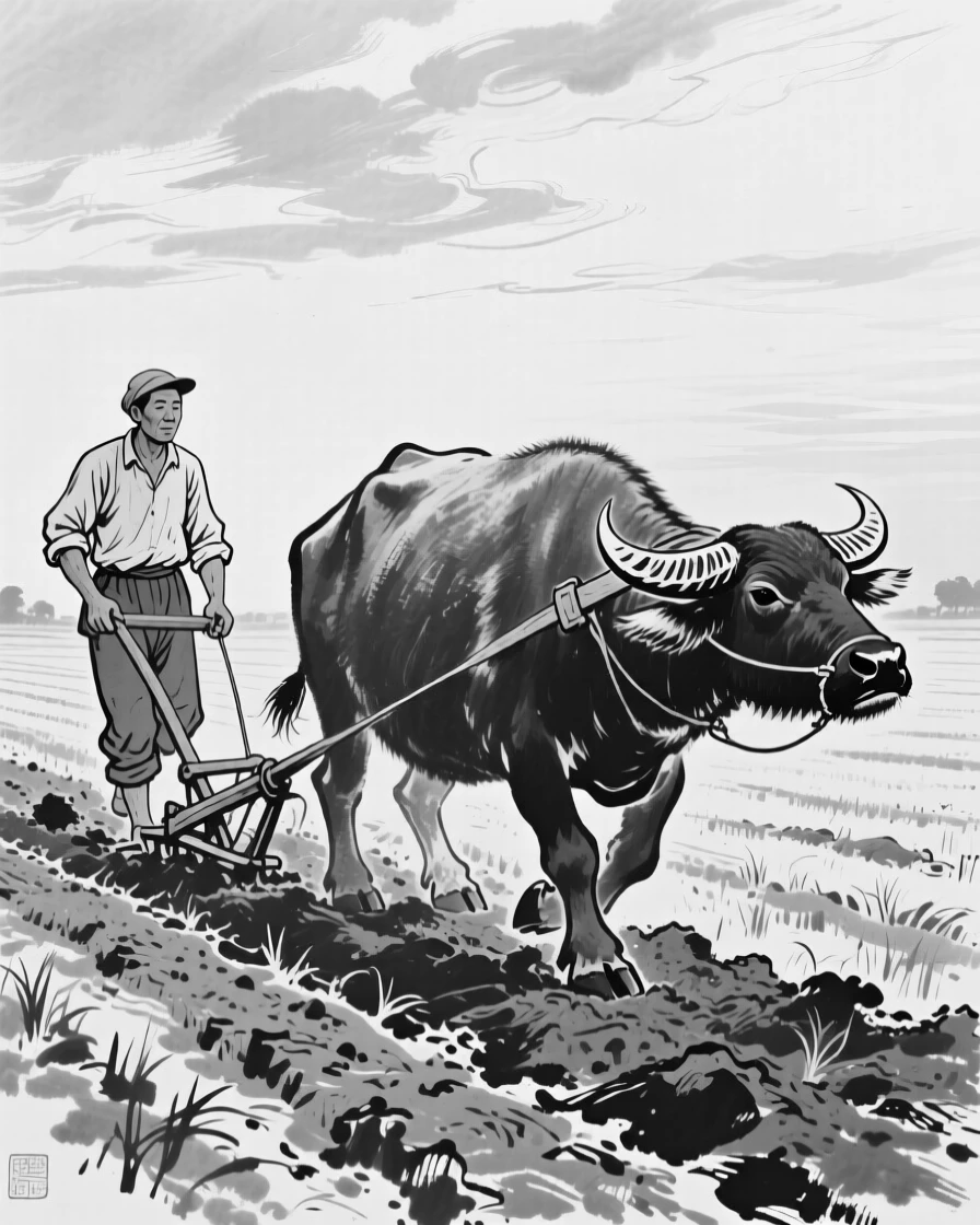 A farmer plowing a field behind a pair of oxen under a wide morning sky.