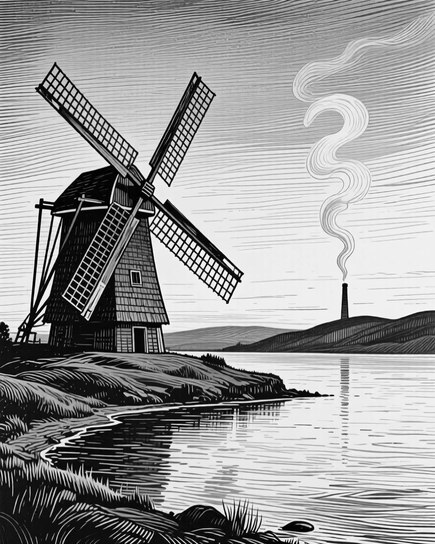 A lone windmill as the last light of day fades over the water, with a thin trail of smoke from a distant chimney, evoking a calm and meditative atmosphere in a wide, balanced composition.